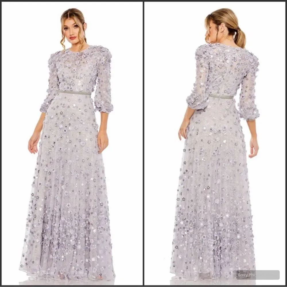 Mac Duggal Purple Floral Applique Puff Sleeve High Neck A-Line Gown Dress